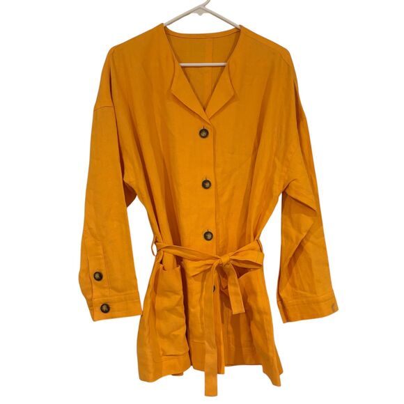 Handmade Tops - Vintage Linen Long Sleeve Button Front Belted Blouse Orange